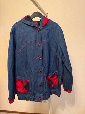 Woman' Blue Denim Hooded Jacket with Red Plaid Accents